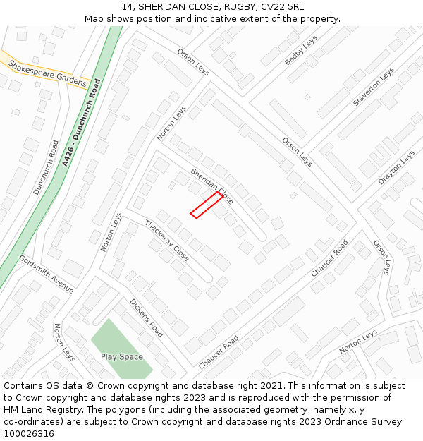 14, SHERIDAN CLOSE, RUGBY, CV22 5RL: Location map and indicative extent of plot