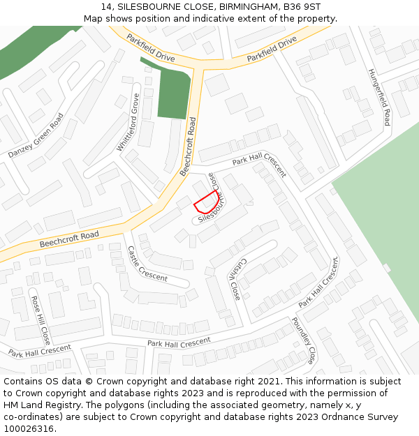 14, SILESBOURNE CLOSE, BIRMINGHAM, B36 9ST: Location map and indicative extent of plot