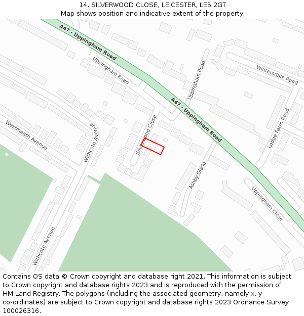 14, SILVERWOOD CLOSE, LEICESTER, LE5 2GT: Location map and indicative extent of plot