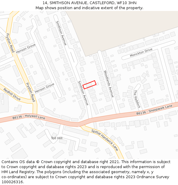 14, SMITHSON AVENUE, CASTLEFORD, WF10 3HN: Location map and indicative extent of plot