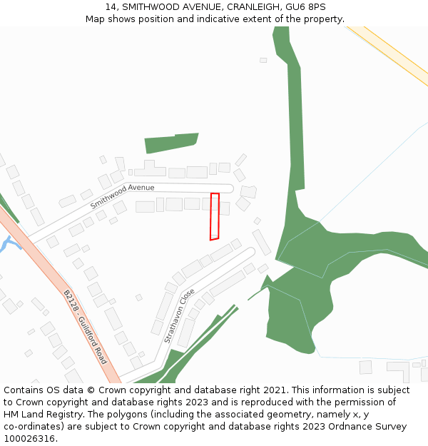 14, SMITHWOOD AVENUE, CRANLEIGH, GU6 8PS: Location map and indicative extent of plot