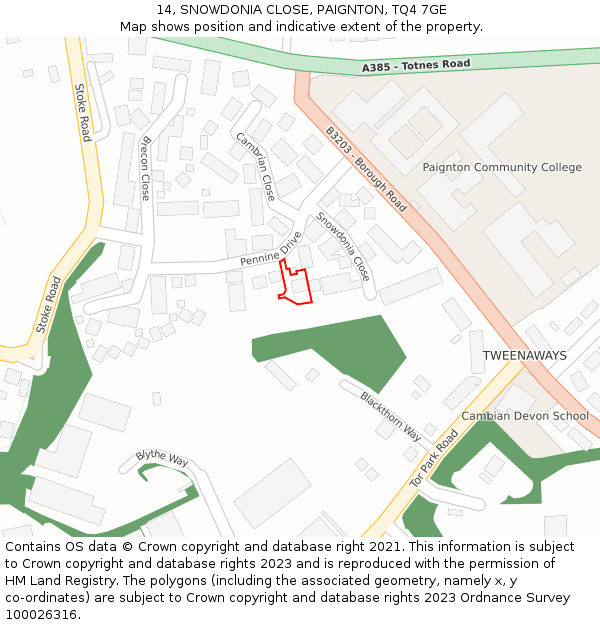 14, SNOWDONIA CLOSE, PAIGNTON, TQ4 7GE: Location map and indicative extent of plot