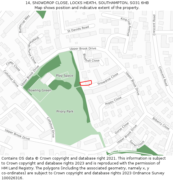 14, SNOWDROP CLOSE, LOCKS HEATH, SOUTHAMPTON, SO31 6HB: Location map and indicative extent of plot