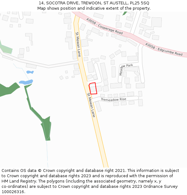 14, SOCOTRA DRIVE, TREWOON, ST AUSTELL, PL25 5SQ: Location map and indicative extent of plot