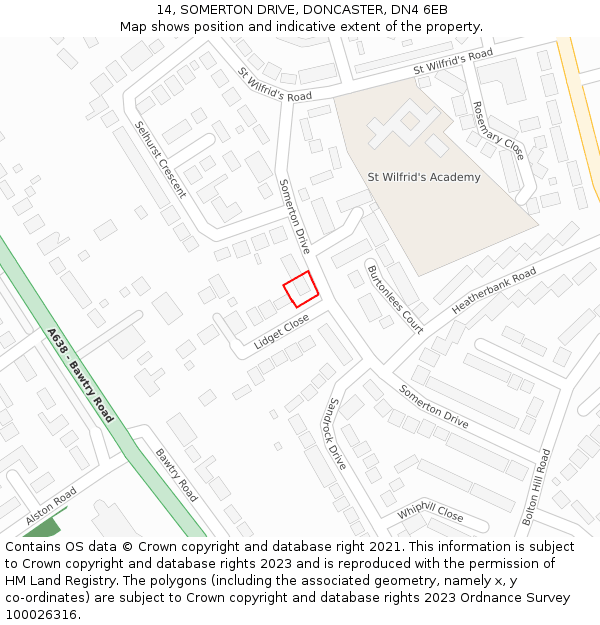 14, SOMERTON DRIVE, DONCASTER, DN4 6EB: Location map and indicative extent of plot