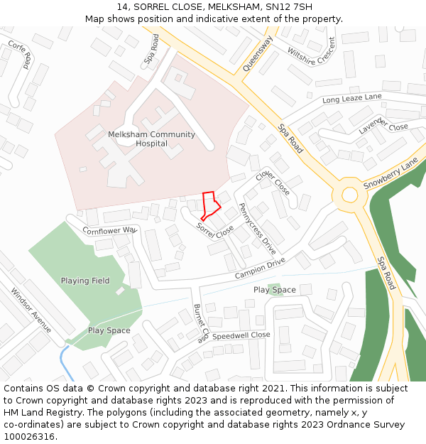 14, SORREL CLOSE, MELKSHAM, SN12 7SH: Location map and indicative extent of plot