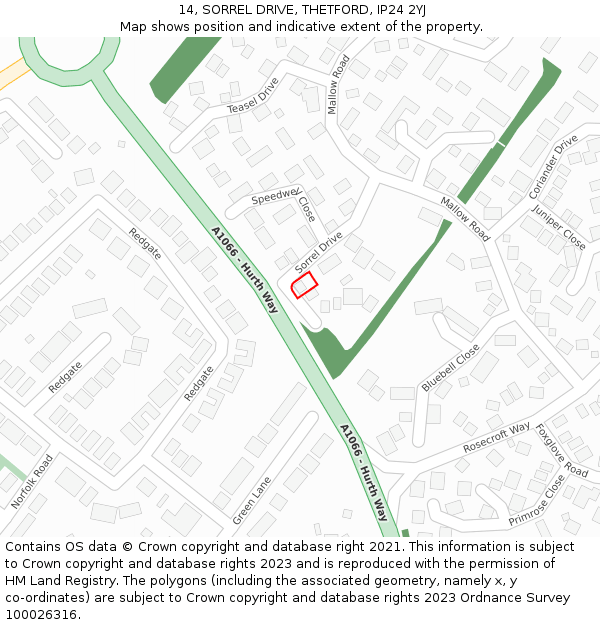 14, SORREL DRIVE, THETFORD, IP24 2YJ: Location map and indicative extent of plot