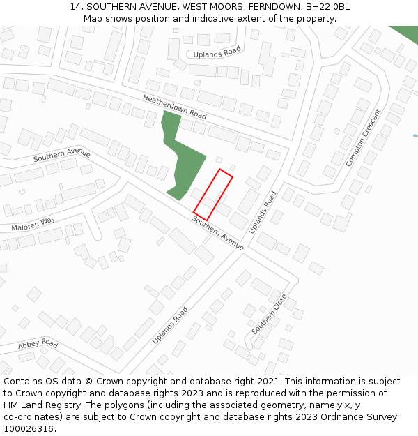 14, SOUTHERN AVENUE, WEST MOORS, FERNDOWN, BH22 0BL: Location map and indicative extent of plot