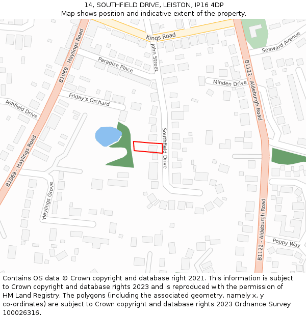 14, SOUTHFIELD DRIVE, LEISTON, IP16 4DP: Location map and indicative extent of plot