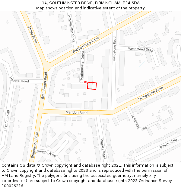 14, SOUTHMINSTER DRIVE, BIRMINGHAM, B14 6DA: Location map and indicative extent of plot