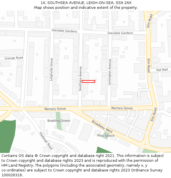 14, SOUTHSEA AVENUE, LEIGH-ON-SEA, SS9 2AX: Location map and indicative extent of plot