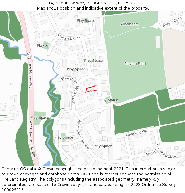 14, SPARROW WAY, BURGESS HILL, RH15 9UL: Location map and indicative extent of plot