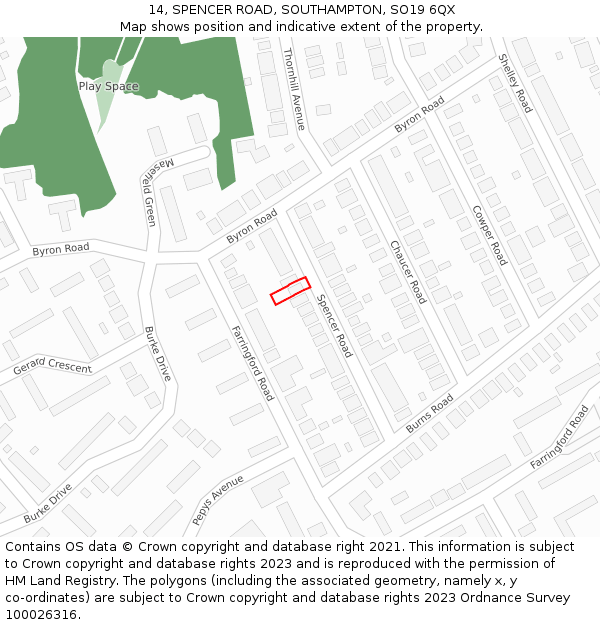 14, SPENCER ROAD, SOUTHAMPTON, SO19 6QX: Location map and indicative extent of plot