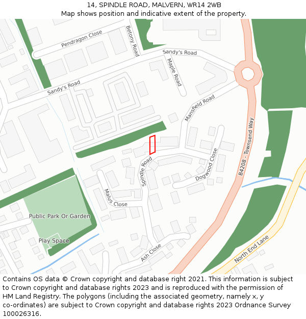 14, SPINDLE ROAD, MALVERN, WR14 2WB: Location map and indicative extent of plot