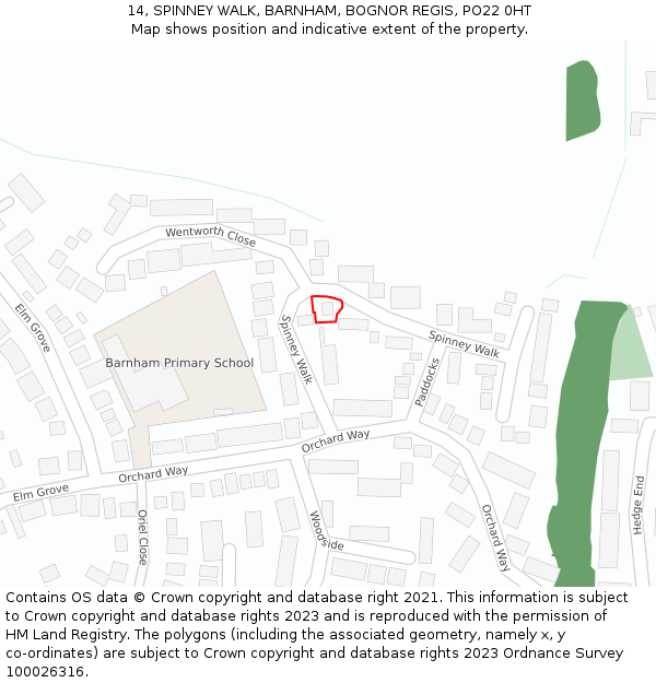 14, SPINNEY WALK, BARNHAM, BOGNOR REGIS, PO22 0HT: Location map and indicative extent of plot