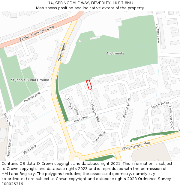 14, SPRINGDALE WAY, BEVERLEY, HU17 8NU: Location map and indicative extent of plot