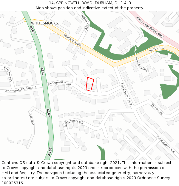 14, SPRINGWELL ROAD, DURHAM, DH1 4LR: Location map and indicative extent of plot