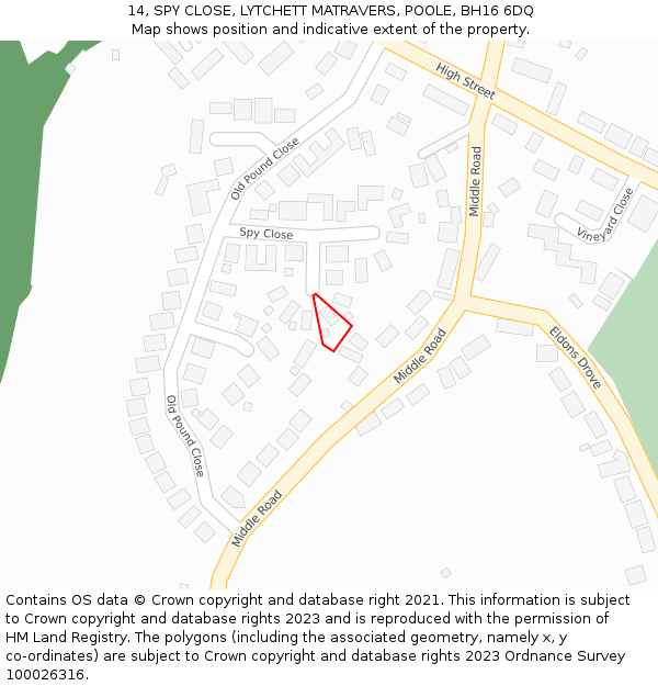 14, SPY CLOSE, LYTCHETT MATRAVERS, POOLE, BH16 6DQ: Location map and indicative extent of plot