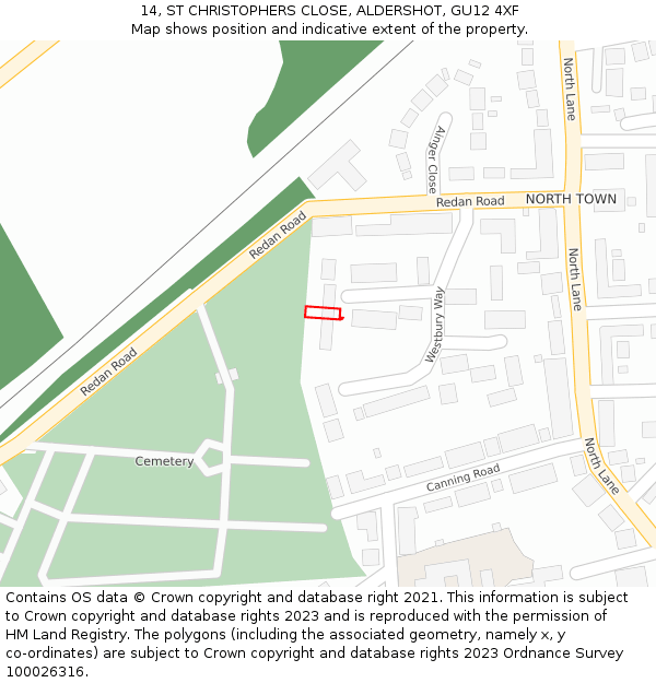 14, ST CHRISTOPHERS CLOSE, ALDERSHOT, GU12 4XF: Location map and indicative extent of plot