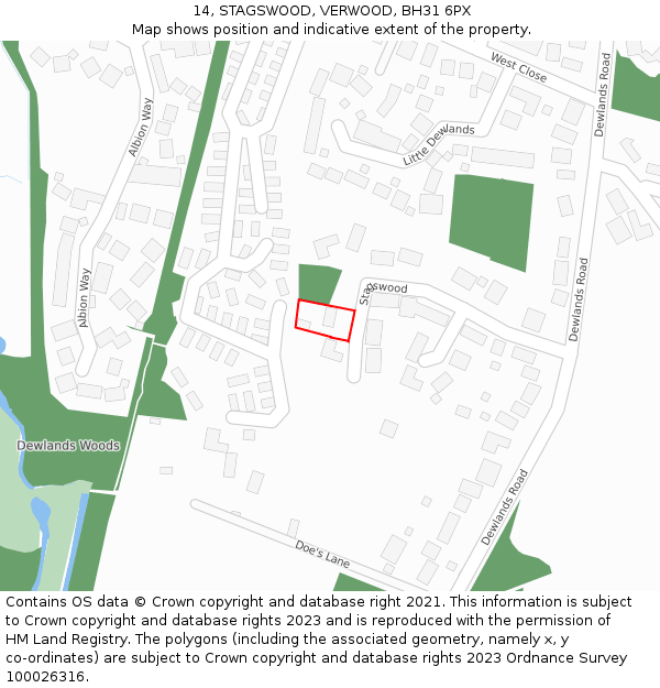 14, STAGSWOOD, VERWOOD, BH31 6PX: Location map and indicative extent of plot