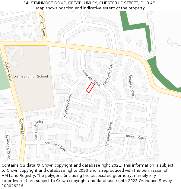 14, STAINMORE DRIVE, GREAT LUMLEY, CHESTER LE STREET, DH3 4SH: Location map and indicative extent of plot