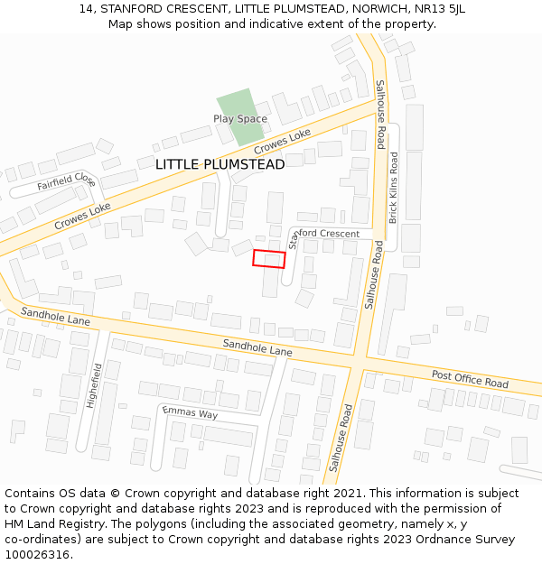 14, STANFORD CRESCENT, LITTLE PLUMSTEAD, NORWICH, NR13 5JL: Location map and indicative extent of plot