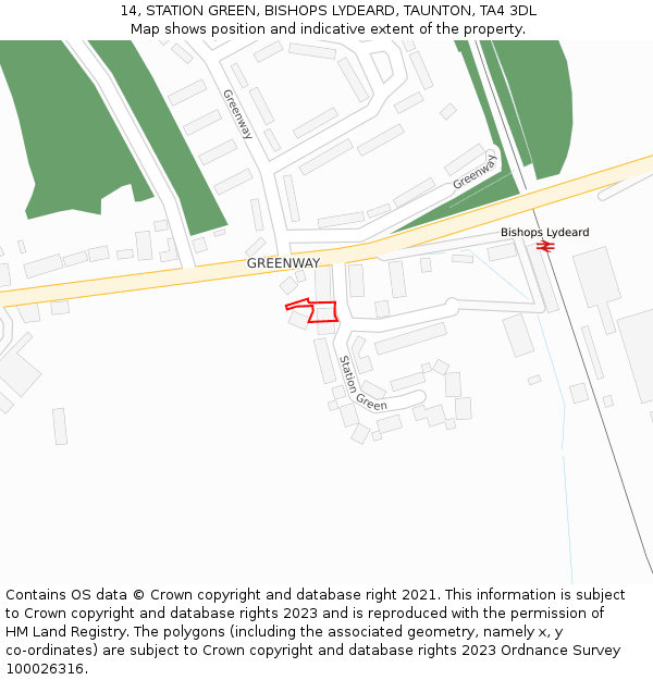 14, STATION GREEN, BISHOPS LYDEARD, TAUNTON, TA4 3DL: Location map and indicative extent of plot