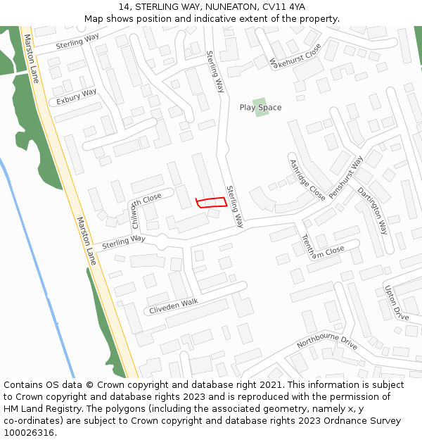 14, STERLING WAY, NUNEATON, CV11 4YA: Location map and indicative extent of plot