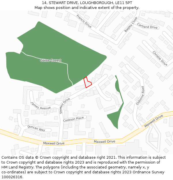 14, STEWART DRIVE, LOUGHBOROUGH, LE11 5PT: Location map and indicative extent of plot