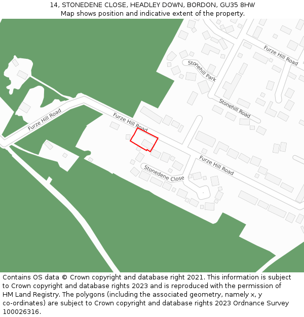 14, STONEDENE CLOSE, HEADLEY DOWN, BORDON, GU35 8HW: Location map and indicative extent of plot