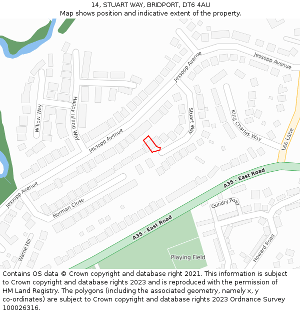 14, STUART WAY, BRIDPORT, DT6 4AU: Location map and indicative extent of plot