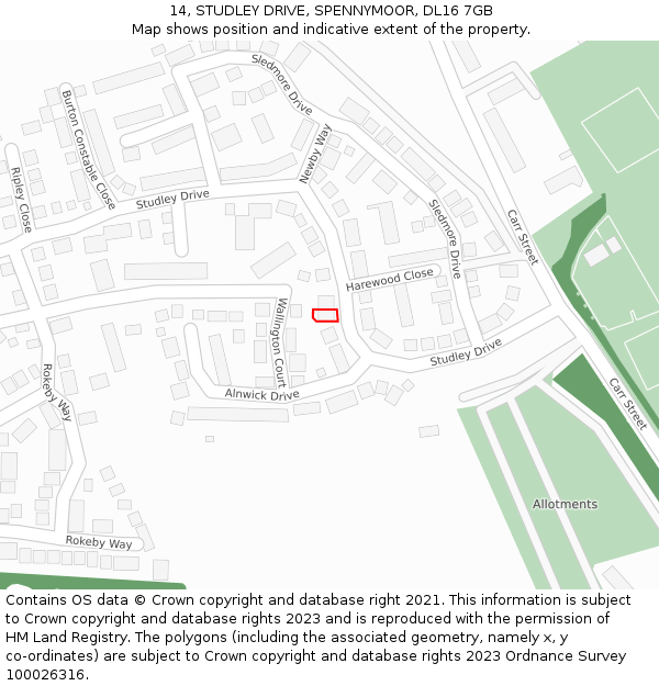 14, STUDLEY DRIVE, SPENNYMOOR, DL16 7GB: Location map and indicative extent of plot