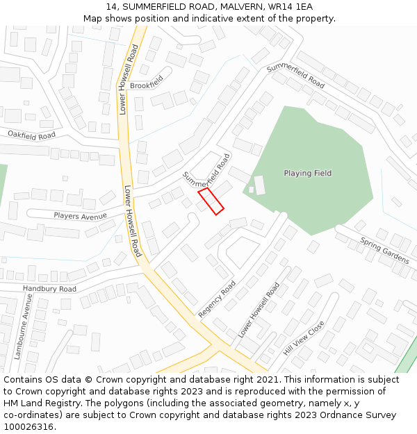 14, SUMMERFIELD ROAD, MALVERN, WR14 1EA: Location map and indicative extent of plot