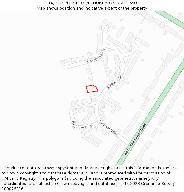 14, SUNBURST DRIVE, NUNEATON, CV11 6YQ: Location map and indicative extent of plot