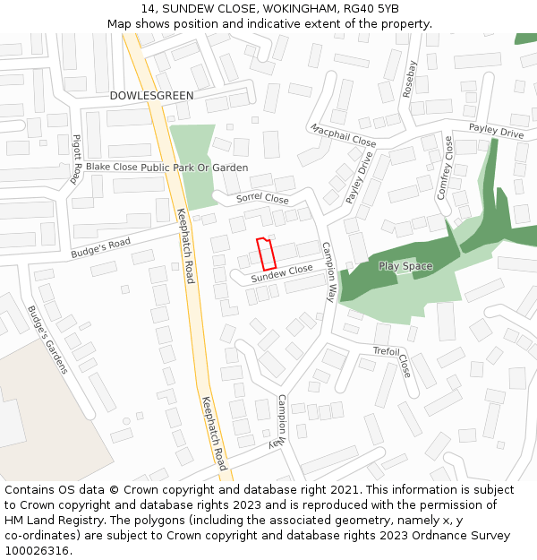 14, SUNDEW CLOSE, WOKINGHAM, RG40 5YB: Location map and indicative extent of plot