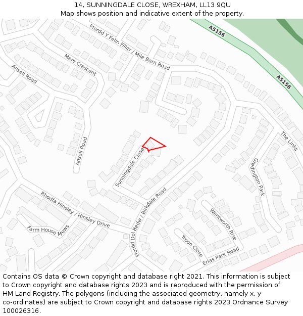 14, SUNNINGDALE CLOSE, WREXHAM, LL13 9QU: Location map and indicative extent of plot