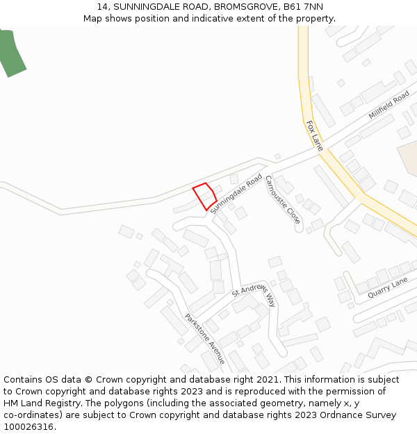 14, SUNNINGDALE ROAD, BROMSGROVE, B61 7NN: Location map and indicative extent of plot