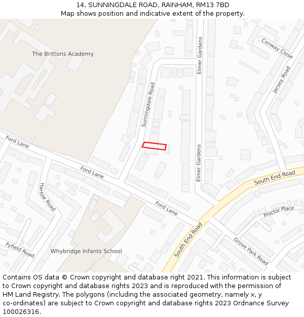 14, SUNNINGDALE ROAD, RAINHAM, RM13 7BD: Location map and indicative extent of plot