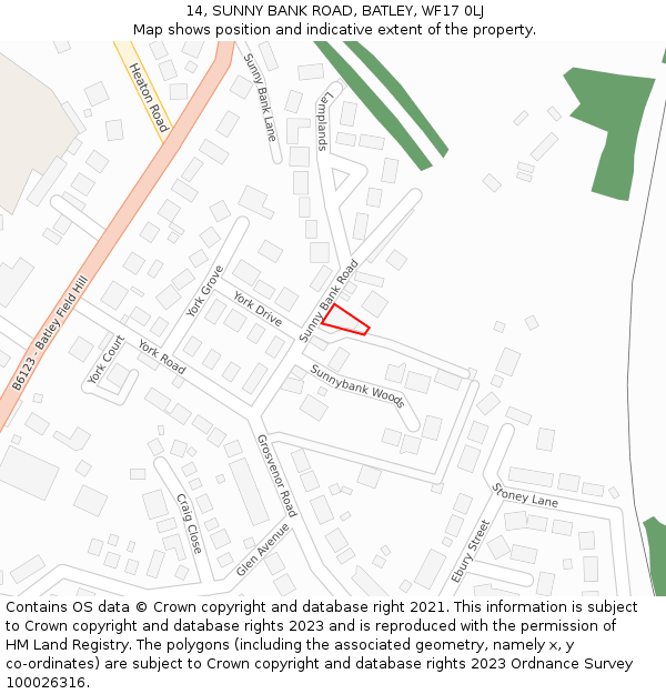 14, SUNNY BANK ROAD, BATLEY, WF17 0LJ: Location map and indicative extent of plot