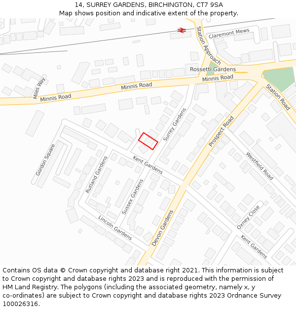 14, SURREY GARDENS, BIRCHINGTON, CT7 9SA: Location map and indicative extent of plot