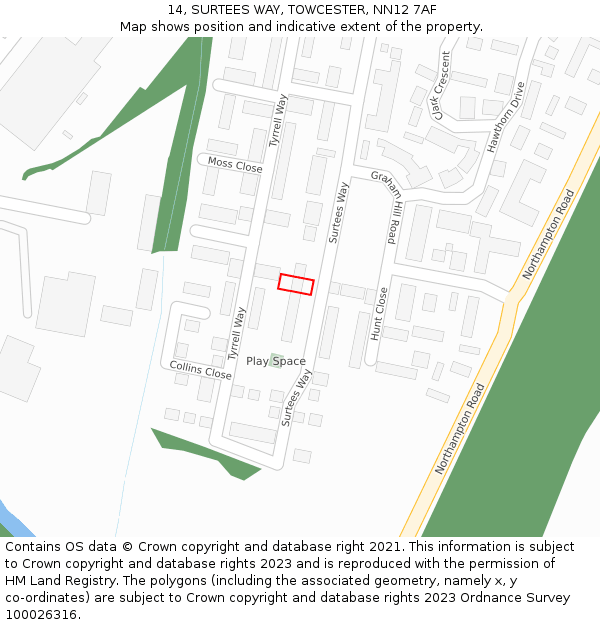 14, SURTEES WAY, TOWCESTER, NN12 7AF: Location map and indicative extent of plot