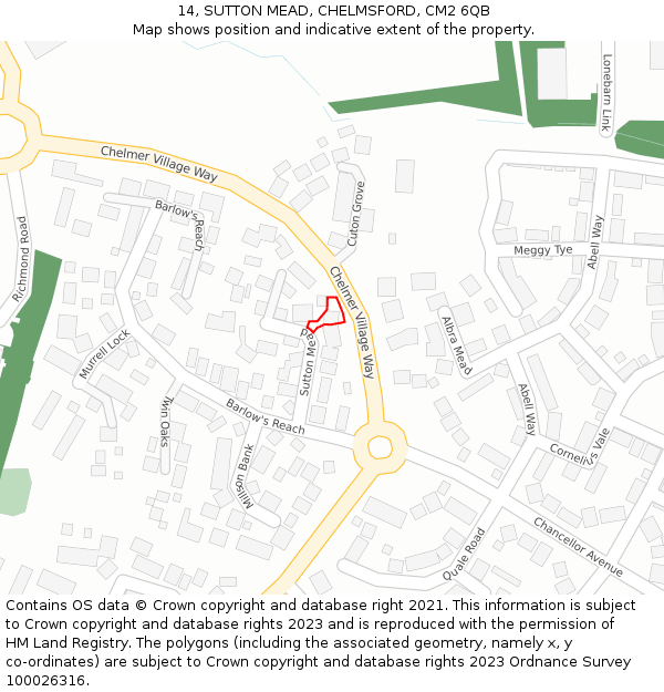 14, SUTTON MEAD, CHELMSFORD, CM2 6QB: Location map and indicative extent of plot