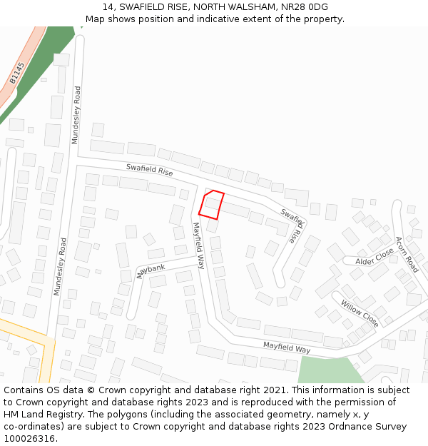 14, SWAFIELD RISE, NORTH WALSHAM, NR28 0DG: Location map and indicative extent of plot