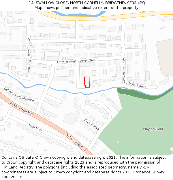 14, SWALLOW CLOSE, NORTH CORNELLY, BRIDGEND, CF33 4PQ: Location map and indicative extent of plot