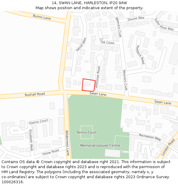 14, SWAN LANE, HARLESTON, IP20 9AW: Location map and indicative extent of plot
