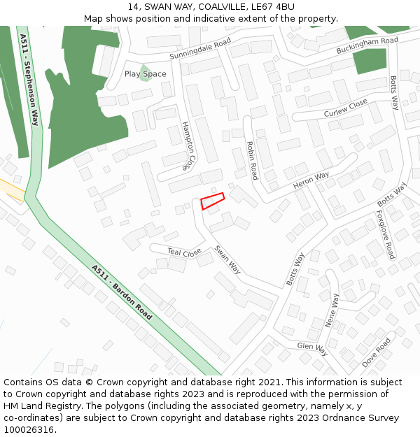 14, SWAN WAY, COALVILLE, LE67 4BU: Location map and indicative extent of plot