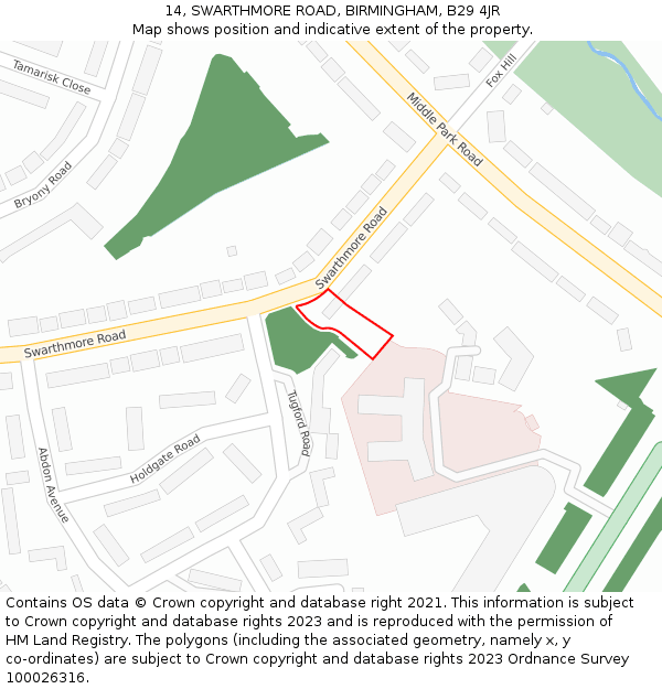 14, SWARTHMORE ROAD, BIRMINGHAM, B29 4JR: Location map and indicative extent of plot