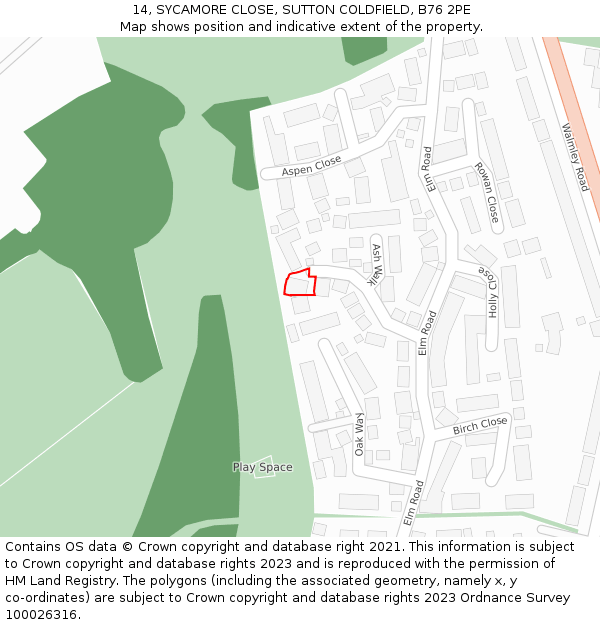 14, SYCAMORE CLOSE, SUTTON COLDFIELD, B76 2PE: Location map and indicative extent of plot