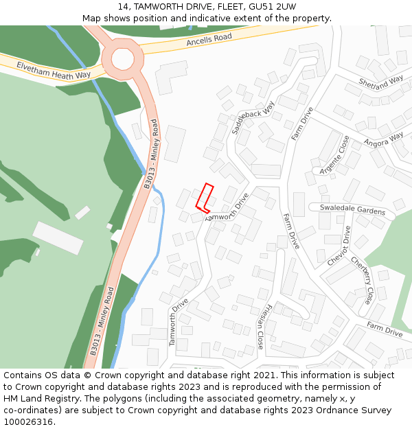 14, TAMWORTH DRIVE, FLEET, GU51 2UW: Location map and indicative extent of plot