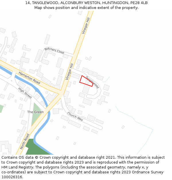 14, TANGLEWOOD, ALCONBURY WESTON, HUNTINGDON, PE28 4LB: Location map and indicative extent of plot